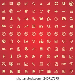100 analytics, research icons, yellow on red background 