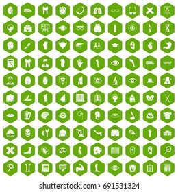100 anatomy icons set in green hexagon isolated vector illustration