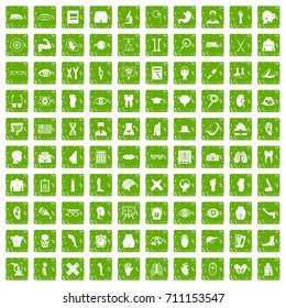 100 anatomy icons set in grunge style green color isolated on white background vector illustration