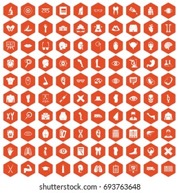100 anatomy icons set in orange hexagon isolated vector illustration