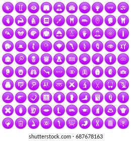 100 anatomy icons set in purple circle isolated vector illustration