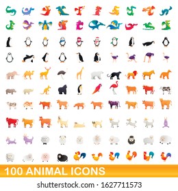 100 animal icons set. Cartoon illustration of 100 animal icons vector set isolated on white background