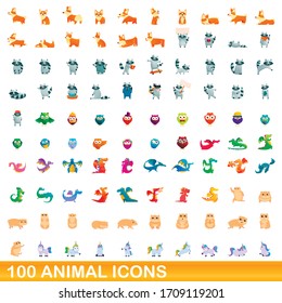 100 animal icons set. Cartoon illustration of 100 animal icons vector set isolated on white background