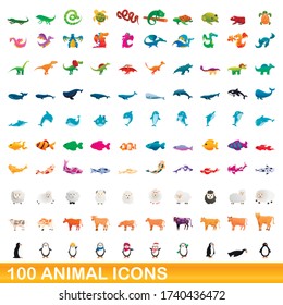 100 animal icons set. Cartoon illustration of 100 animal icons vector set isolated on white background