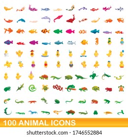 100 animal icons set. Cartoon illustration of 100 animal icons vector set isolated on white background