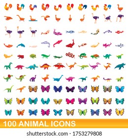 100 animal icons set. Cartoon illustration of 100 animal icons vector set isolated on white background