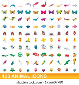 100 animal icons set. Cartoon illustration of 100 animal icons vector set isolated on white background