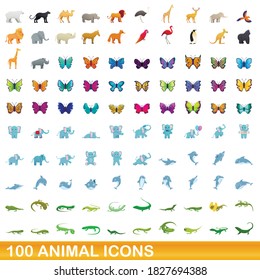 100 animal icons set. Cartoon illustration of 100 animal icons vector set isolated on white background