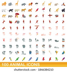 100 animal icons set. Cartoon illustration of 100 animal icons vector set isolated on white background