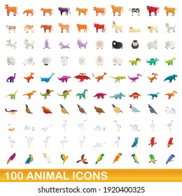 100 animal icons set. Cartoon illustration of 100 animal icons vector set isolated on white background