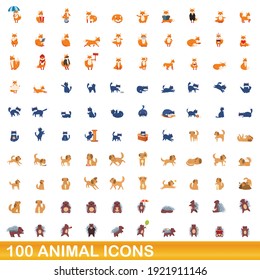 100 animal icons, set. Cartoon illustrations of 100 animal icons, vector set isolated on white background