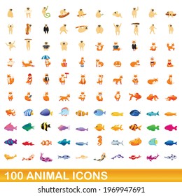 100 animal icons set. Cartoon illustration of 100 animal icons vector set isolated on white background