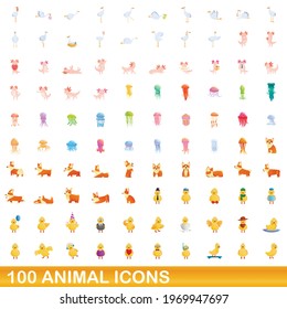 100 animal icons set. Cartoon illustration of 100 animal icons vector set isolated on white background