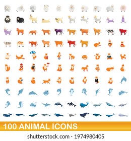 100 animal icons set. Cartoon illustration of 100 animal icons vector set isolated on white background