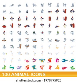 100 animal icons set. Cartoon illustration of 100 animal icons vector set isolated on white background