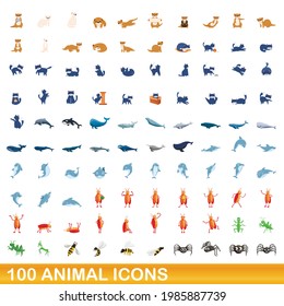 100 animal icons set. Cartoon illustration of 100 animal icons vector set isolated on white background