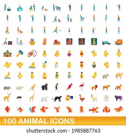 100 animal icons set. Cartoon illustration of 100 animal icons vector set isolated on white background