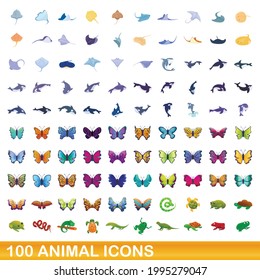 100 animal icons set. Cartoon illustration of 100 animal icons vector set isolated on white background
