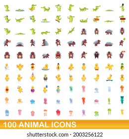 100 animal icons set. Cartoon illustration of 100 animal icons vector set isolated on white background