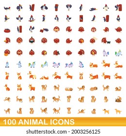 100 animal icons set. Cartoon illustration of 100 animal icons vector set isolated on white background