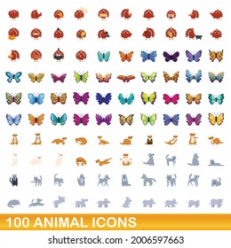 100 animal icons set. Cartoon illustration of 100 animal icons vector set isolated on white background