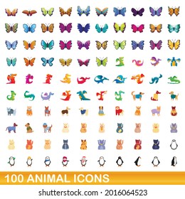 100 animal icons set. Cartoon illustration of 100 animal icons vector set isolated on white background