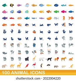 100 animal icons set. Cartoon illustration of 100 animal icons vector set isolated on white background