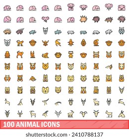 100 animal icons set. Color line set of animal vector icons thin line color flat on white