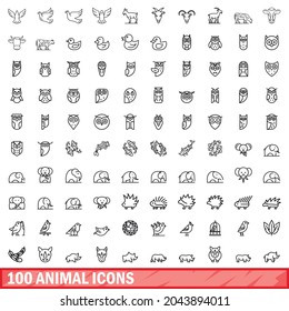 100 animal icons set. Outline illustration of 100 animal icons vector set isolated on white background