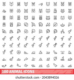 100 animal icons set. Outline illustration of 100 animal icons vector set isolated on white background