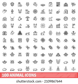 100 animal icons set. Outline illustration of 100 animal icons vector set isolated on white background