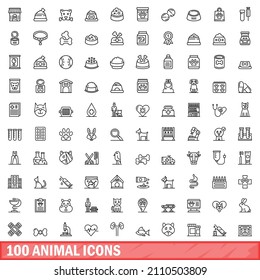 100 íconos de animales. Ilustración de esquema de 100 iconos de animales conjunto de vectores aislados en fondo blanco