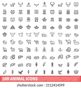 100 animal icons set. Outline illustration of 100 animal icons vector set isolated on white background