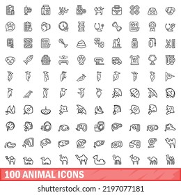 100 animal icons set. Outline illustration of 100 animal icons vector set isolated on white background