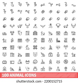 100 animal icons set. Outline illustration of 100 animal icons vector set isolated on white background
