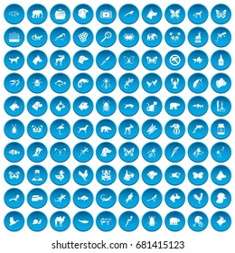 100 animals icons set in blue circle isolated on white vector illustration