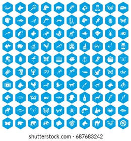 100 animals icons set in blue hexagon isolated vector illustration