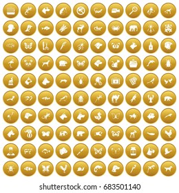 100 animals icons set gold