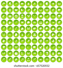100 animals icons set green circle isolated on white background vector illustration