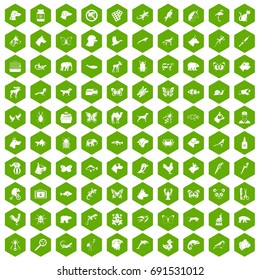 100 animals icons set in green hexagon isolated vector illustration