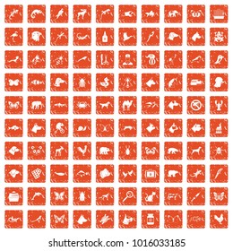 100 animals icons set in grunge style orange color isolated on white background vector illustration