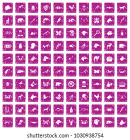 100 animals icons set in grunge style pink color isolated on white background vector illustration