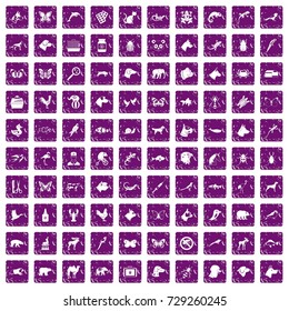 100 animals icons set in grunge style purple color isolated on white background vector illustration