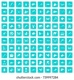 100 animals icons set in grunge style blue color isolated on white background vector illustration