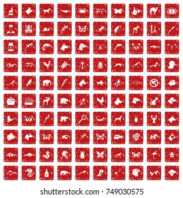 100 animals icons set in grunge style red color isolated on white background vector illustration