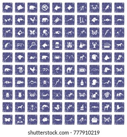 100 animals icons set in grunge style sapphire color isolated on white background vector illustration