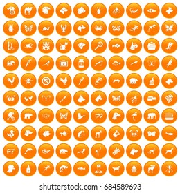 100 animals icons set orange