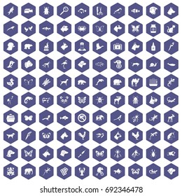 100 animals icons set in purple hexagon isolated vector illustration