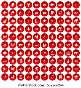 100 animals icons set in red circle isolated on white vector illustration