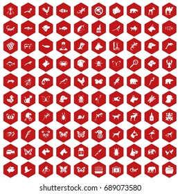 100 animals icons set in red hexagon isolated vector illustration